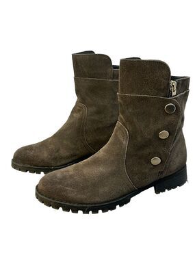 Chinese Laundry Farfetch Distress Grey Brown suede button zipper Boots Sz 6.5